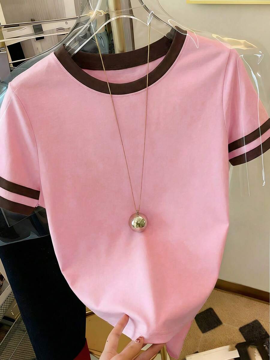 女士纯色米黄色撞色袖口T恤，夏季女装，度假装，休闲上衣，粉色 - 粉色 - 查看 1