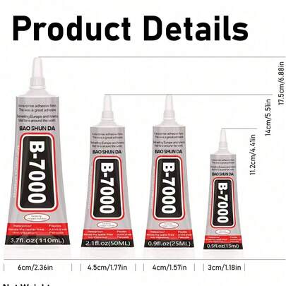 Pegamento de rhinestones B-7000, 15/25/50/110ML (3.7 Fl Oz), adhesivo industrial transparente súper resistente de grado joyería, flexible y resistente al agua, adecuado para tela, teléfono, joyería