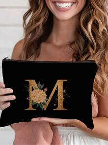 1pc A-Z Letter & Floral Print Cosmetic Bag, Modern Style Polyester Lightweight Travel Organizer - Multicolor - View 6