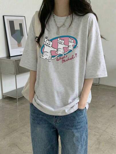 レディース ルーズフィット ラウンドネック 半袖 レター&猫プリントTシャツ、春夏