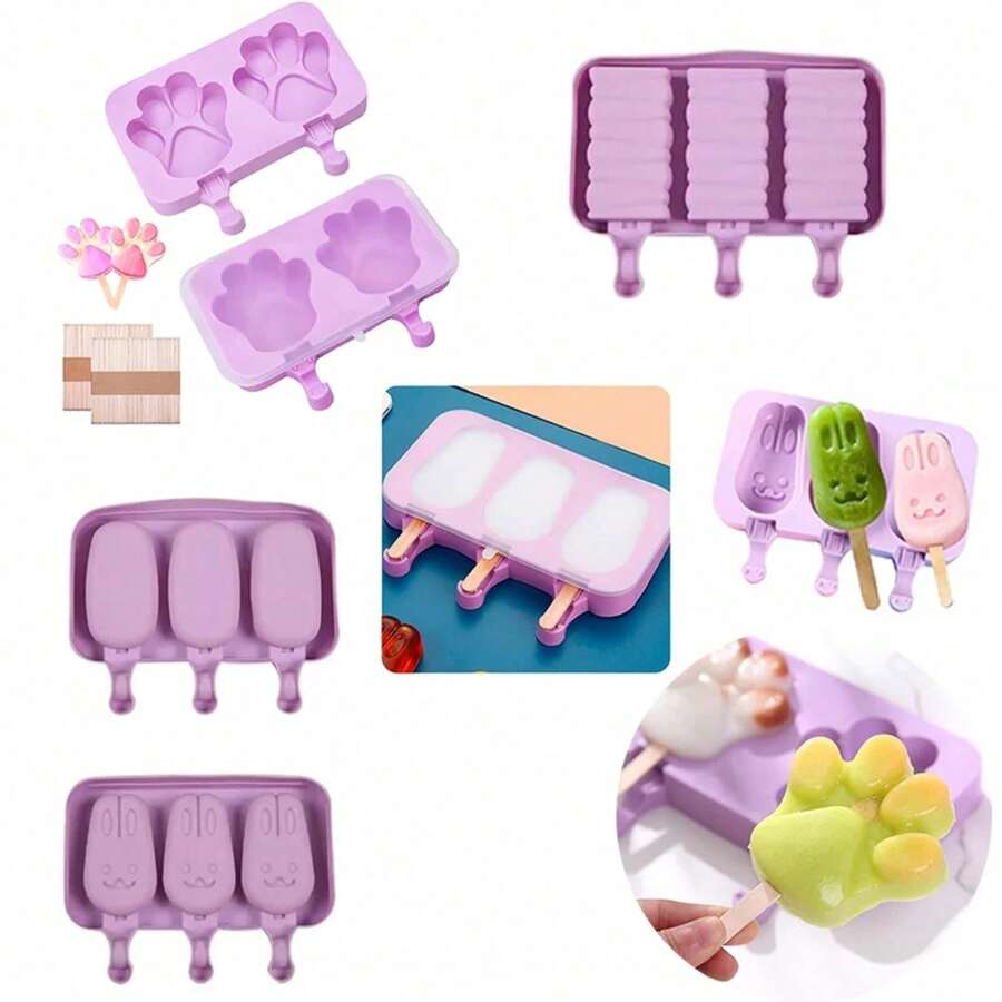 1pc Cute Cartoon Silicone Ice Cube/Ice Cream Mold, Homemade Ice Pop/Ice Lolly/Ice Cream Maker With 50pcs Ice Pop Sticks - Multicolor - View 1