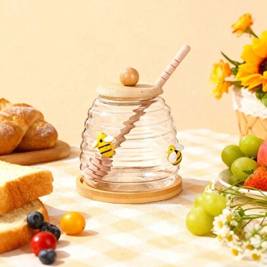 1pc 10/14/17oz Glass Honey Jar With Bee Pattern, Transparent Honey Storage Container With 1 Wooden Stirrer, 1 Wooden Lid And 1 Wooden Base, Suitable For Syrup Storage, Home, Wedding, Party, Kitchen