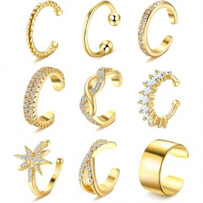 Diamday 9 chiếc khuyên tai kẹp vành tai mạ vàng 14K dành cho nam và nữ, không cần xỏ lỗ, dùng cho sụn tai, khuyên tai giả.