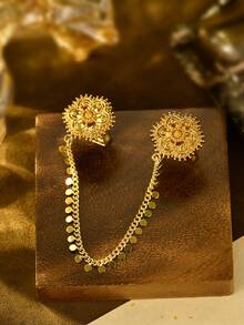 1pc Adjustable Flower Chain Connected Finger Ring, Luxury Copper Gold Plated, Suitable For Women Wedding Party Accessories - Yellow Gold - View 5