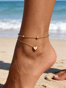 2pcs Heart Beaded Double-Layer Anklet Set - Gold - View 3