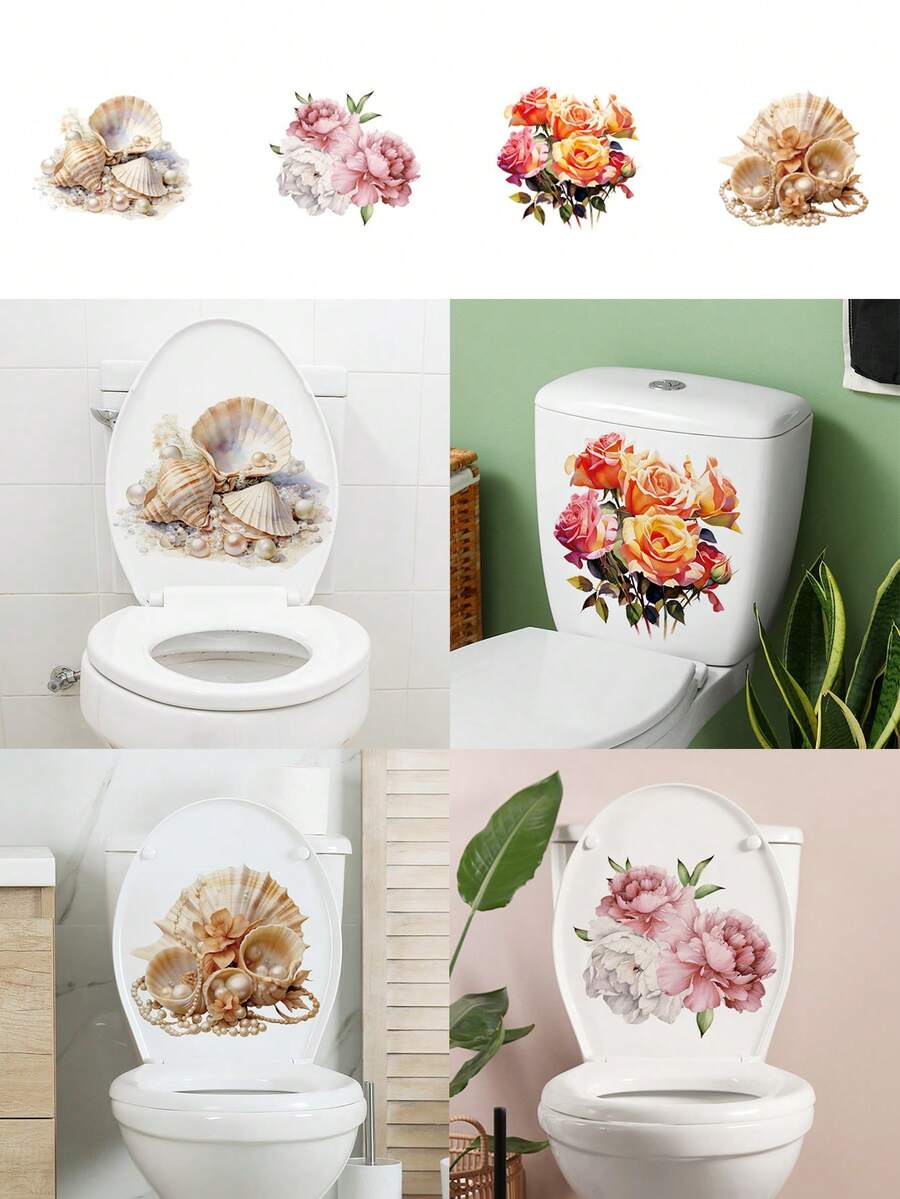 1片自粘可移除PVC马桶座贴纸,清新花卉、贝壳、珍珠、海星图案,家居装饰,浴室墙贴,马桶水箱装饰 - 1PC - 查看 1