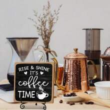1pc Vintage Coffee Bar Wooden Sign, "Time For Coffee, Rise And Shine", 4 X 4 Inches, Suitable For Home Kitchen Farmhouse Coffee Bar Decor Or Gift - Ornaments - View 1