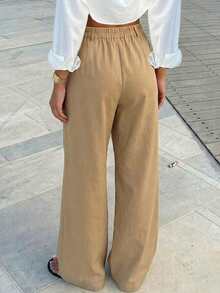 Women's Solid Color Side Zipper Pleated Pocket Wide Leg Pants Spring - Apricot - View 4