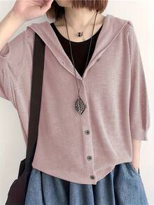 Lightweight Women's Hooded Knit Cardigan, Regular Fit 3/4 Sleeve Front Button Cardigan Sweater, Autumn Women's Clothing First Choice - Rusty Rose - View 3