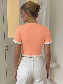 Women's Elegant Holiday/Graduation Ceremony Knit Top, Casual Short Sleeve Yellow Ruffle Hem Knit Pullover Summer - Coral Orange - View 7