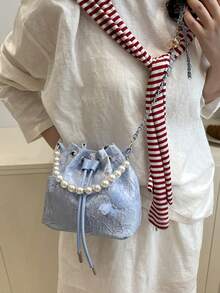 旗袍风格仿珍珠新款中式大容量抽绳单肩手提包 - 藍色 - 查看 3