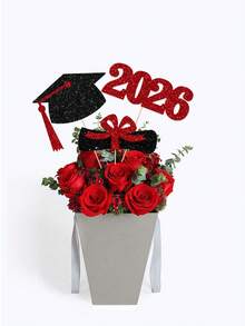 3 buah Hiasan Topi Wisuda, Ijazah, dan Vas Bunga Berkilau Warna Pink & Hitam untuk Angkatan 2026, Cocok untuk Pesta Wisuda, Selamat atas Wisuda 2026 - Merah dan hitam - View 4