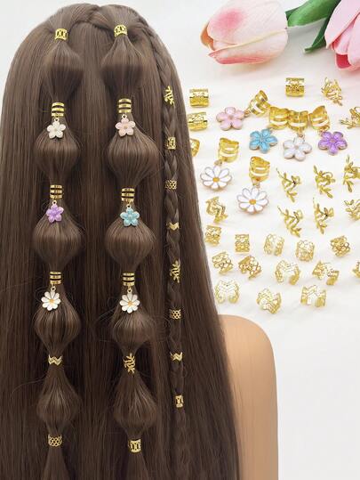 46个彩色山茶花和白色雏菊发圈 - 花卉优雅可调节发箍，春夏花园夹，适合女士脏辫（音乐节）