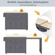 Kitchen Island On Wheels, Extendable Dining Area Kitchen Island With Worktop And Drawers, Mobile Freestanding Kitchen Island, Ideal For Kitchen And Dining Room - 灰色 - 查看 7