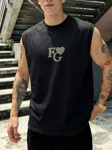 FRACTYR Men's Casual Street Fashion Heart & Letter Graphic Print Double-Sided Design Loose Fit Round Neck Short Sleeve T-Shirt, Summer - Black - View 3