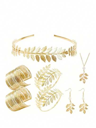 7pcs Vintage Greek Costume Set, Shiny Pearl Leaf Headpiece, Greek Outfit, Halloween Carnival Cosplay Party, Spiral Bracelet, Necklace, Headband, Earrings, Luxury Goddess Halloween Masquerade Attire And Accessories
