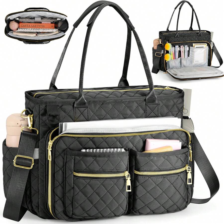 Laptop Bag For Women,Large Capacity Teacher Nurse Professional Work Multi-Functional Organizer Bag,For Office,College,Travel,Business,Daily Use - 黑色 - 查看 1