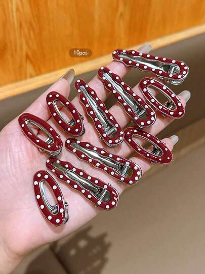10pcs Red Polka Dot Hair Clips, Sweet Style Hair Accessories For Daily Use