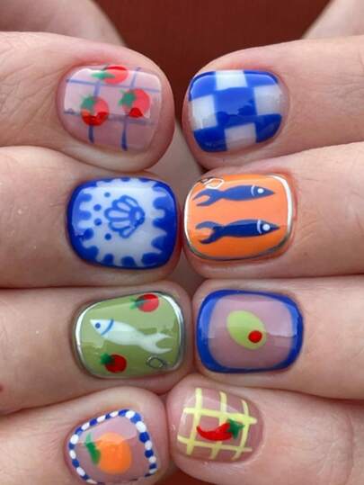 24pcs Square Press-On Short Nails, Colorful Encounter Bright Spring Day's Orange & Blue Romantic Manicure, Comes With Nail Tools, Jelly Gel & Buffing Block