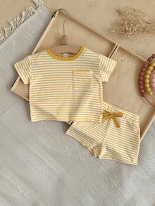 2pcs/Set Newborn Baby Boys/Girls Striped Short Sleeve Top And Shorts Set, Summer - Yellow - View 6