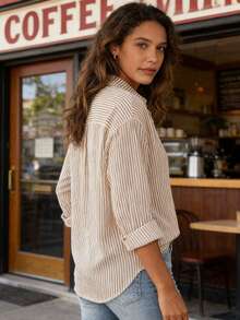 Women's Striped Long-Sleeved Shirt - Màu Khaki - Xem 3