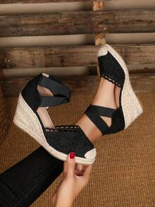 Women's Criss-Cross Elastic Mesh Floral Velvet Linen Rope Casual Wedge Shoes - Black - View 3