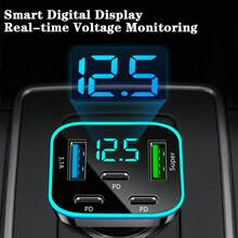1個多口 3PD 2USB 車用充電器，快速充電 PD QC3.0 USB C 車用手機充電器 Type C 轉接頭 | 支援多台裝置同時快速充電，附即時數位顯示 - A - 查看 4