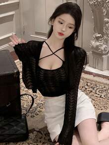 Lightweight Knitted Camisole Cover Up Set For Women, Thin Shawl Collar Shrug Sunscreen Cover Up, Spring/Summer - Black - View 6