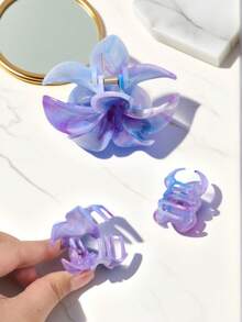 3pcs/Set Spring & Summer Bohemian Style Blue & Purple Ombre Marble Pattern Plumeria Hair Clips, Beach Vacation Hair Accessories - Marble Blue Purple - View 4