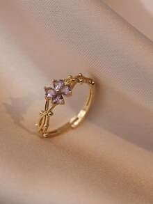 优雅时尚艺术感十足的闪亮紫色锆石四瓣花单戒指，适合日常通勤 - 金色 - 查看 3