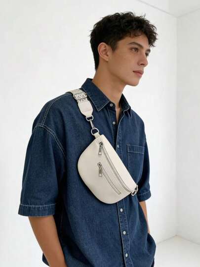 2026新款黑色皮革男士胸包，几何织带斜挎腰包，户外休闲运动胸包，街头时尚百搭单肩包，复活节和父亲节的绝佳礼物之选