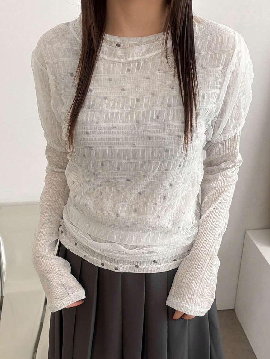 女士春夏韩日ins风立体褶皱长袖T恤 - 白色 - 查看 1