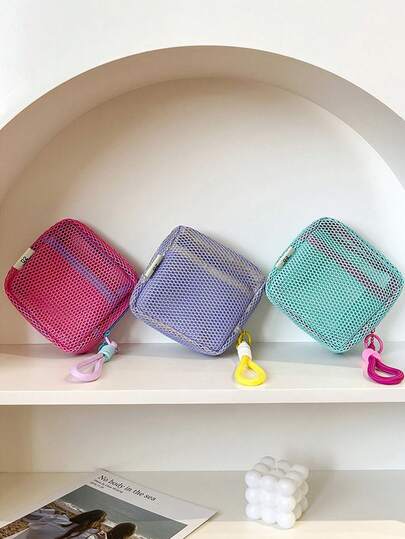 Monedero con forma de tofu en miniatura, bolsa de cosméticos de malla de gran capacidad, bolsa de maquillaje de malla colorida con asa para mujeres