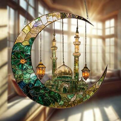 1pc 2D Acrylic Moon And Mosque Garden Suncatcher, Window Decor, Ramadan Eid Festival Decoration, Ramadan Decoration, Party Decor, Wall Garden Porch Bedroom Office Kitchen Home Outdoor Patio Decor
