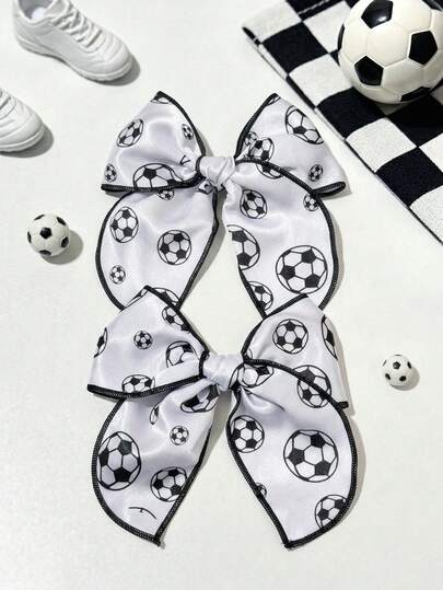 2 Pcs Soccer Print White Bow Hair Clips For Girls, Fashion Sporty Style Bow Hair Barrettes,Elegant Satin BowHairpin Suitable For Daily School , Soccer Events, Sporty Girls, Party, Beach V, Seaside Vacations, Energetic Girly Hair Accessory