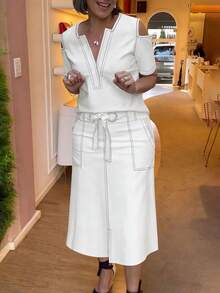 2pcs/Set Casual V-Neck Cold Shoulder Short Sleeve Top And Tie Waist Skirt, Minimalist Spring/Summer Daily Outfit - White - View 9