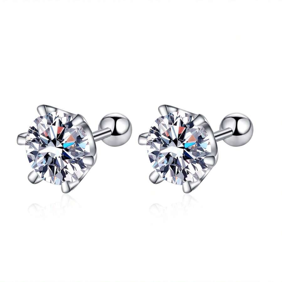 1 Pair S925 Sterling Silver Moissanite Stud Earrings 0.2ct/0.3ct/0.5ct/0.8ct/1ct/2ct, Suitable For Women's Daily Wear
