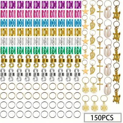150件套假发脏辫配件，多种悬挂配件，彩色接发环套装，各种合金小吊坠，悬挂配件，发夹组合套装，盒装