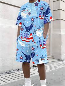 A Set Of American Patriotic Style Knit Fabric USA Eagle Totem Print Men's Casual Summer Outfit, Independence Day Gift, Light Blue Base With USA Eagle Totem, Men's Plus Size Two-Piece Set - Nhiều màu - Xem 4
