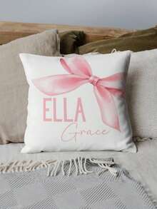 1pc Customizable Name Text English DIY Throw Pillow Cover, Soft Pink Bow Decor Pattern, Girly Bedroom Living Room Sofa Bed Lumbar Cushion Cover, Holiday Gift, All Season Pillow Case, Single-Sided Print Without Insert, Monogrammed Pillow Cover - Multicolor - View 4