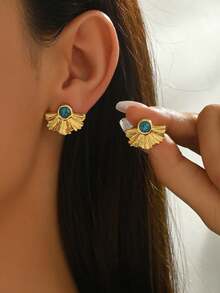 1 Pair Vintage Unique Fan-Shaped Earrings, Dazzling Luxurious Material, Delicate Fan Texture, Paired With Alluring Turquoise, Minimalist Yet Fashionable - Earring - View 11
