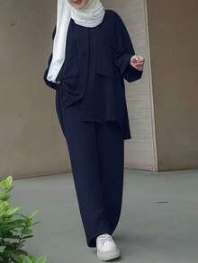 女款純色長袖開襟衫與寬腿褲休閒日常阿拉伯風套裝，時尚優雅 - 藏蓝色 - 查看 1