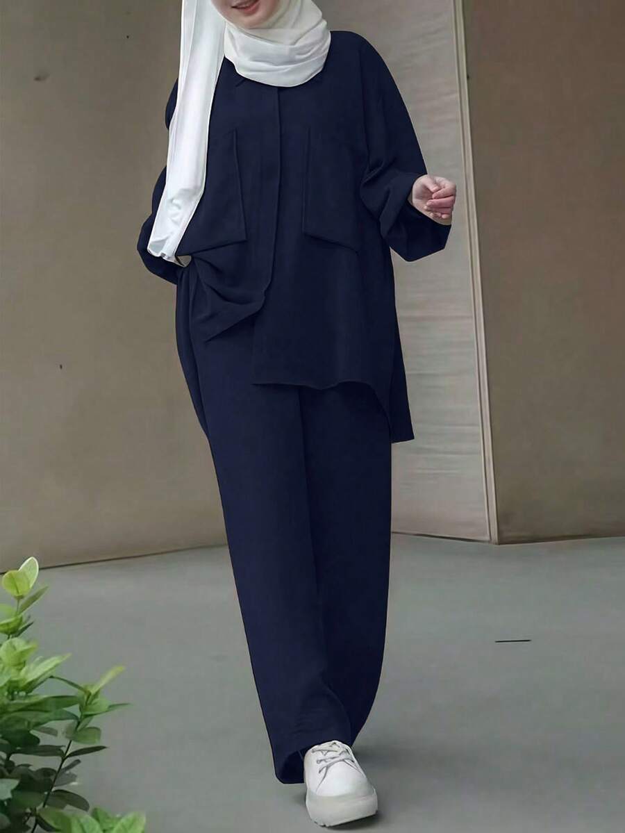 女款純色長袖開襟衫與寬腿褲休閒日常阿拉伯風套裝,時尚優雅 - 藏蓝色 - 查看 1