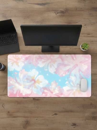 Extra Large Gaming Desk Mat And Mouse Pad - Gradient Pink And Blue Hibiscus Floral Fantasy Design With Starry Lighting Effect, Non-Slip Rubber Base, Smooth Surface, Girly Style Office And Gaming Mat, Suitable As Keyboard Pad, Desk Pad Or Book Stand, For Gamers, Office And Dorm Use, Compatible With Mouse And Trackball
