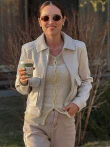 Chaqueta de tweed blanco para mujer con cremallera frontal y bolsillos, estilo de calle para otoño, invierno y primavera - Blanco - Ver 8