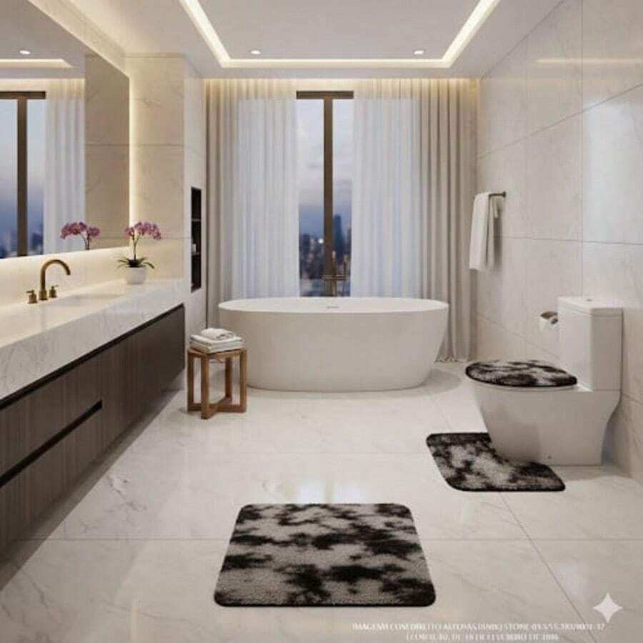3-Piece Fluffy Fluffy Furry Bathroom Set - Black and White - View 1