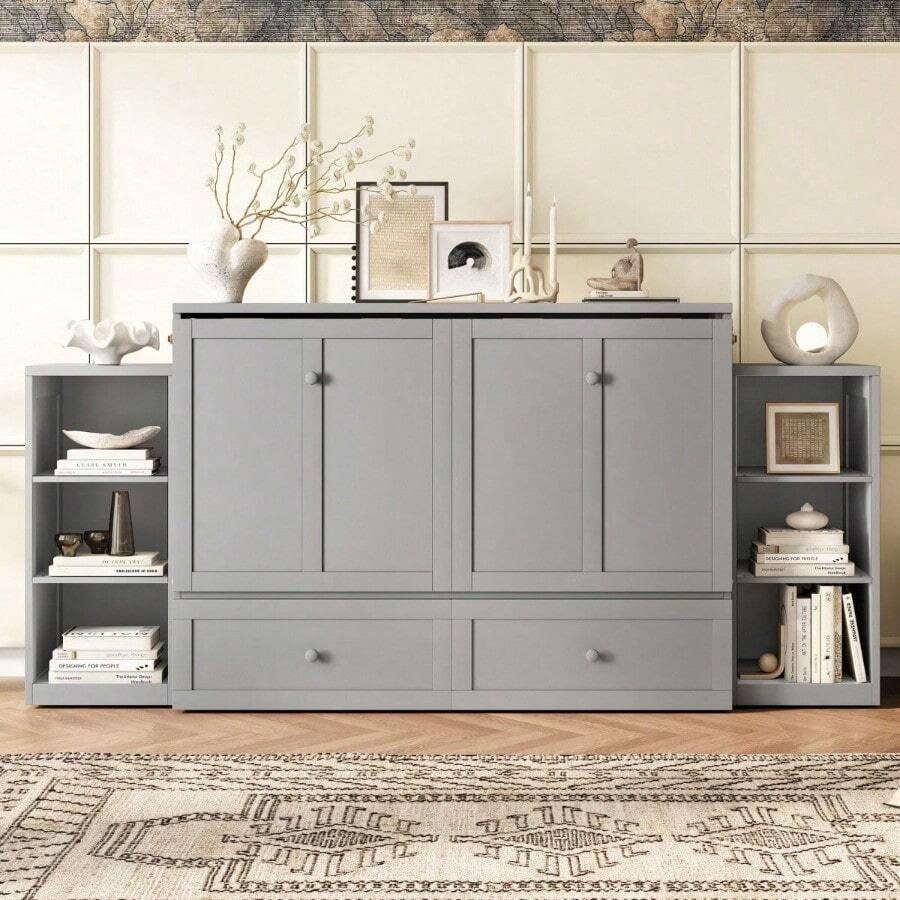 Full Size Murphy Bed With Spacious Storage Drawers And Shelves. Guest Rooms Or Compact Bedrooms. Light Gray - 1 - 查看 1