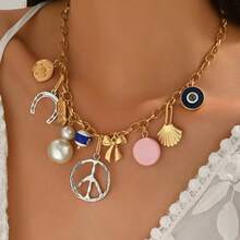 1pc Beach Style Necklace With Peace Sign, Bow Knot, Shell Pendant & Faux Pearl Choker, Suitable For Women To Wear At Beach, Vacation Or Party - Multicolor - View 4
