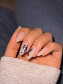 24pcs Medium Almond-Shaped Nail Stickers, Hand-Painted With Black Outline And Glitter Butterfly Pattern - The Black Lines Outline The Butterfly Shape, And The Wings Are Filled With Fine Silver Glitter That Shimmers In The Light, Creating A Dynamic And Textured Look. The Overall Aesthetic Is Elegant And Refined, Suitable For Daily Commute, Dates, And Various Occasions. The Gentle Design Has A Touch Of Personalized, Creating A Pleasant Atmosphere. - Multicolor - View 2