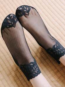 1/5 Pairs Women's Mesh Breathable Lace Spring Summer Short Socks - Black - View 3